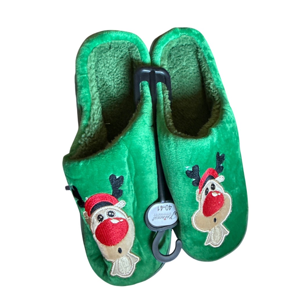 Princess Accessories Green Reindeer Christmas Plush Slippers Size 40-41